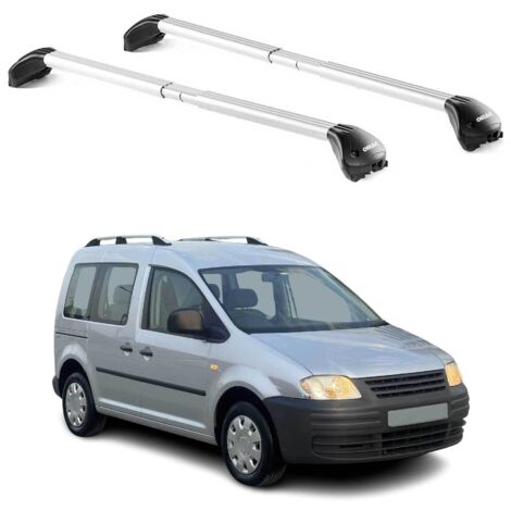 OMAC Barres de toit transversales certifiées TÜV pour VW Caddy III 2003-2020 – Verrouillables (4 antivols) – Charge max 100 kg – Sangle inox + protection caoutchouc Argent