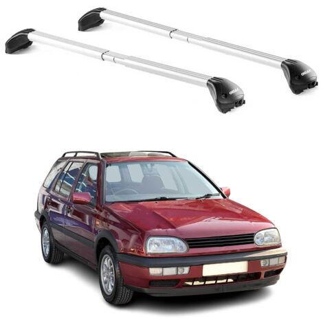 OMAC Barres de toit transversales certifiées TÜV pour VW Golf mk3 mk4 Break 1991-2003 – Verrouillables (4 antivols) – Charge max 100 kg – Sangle inox + protection caoutchouc Argent