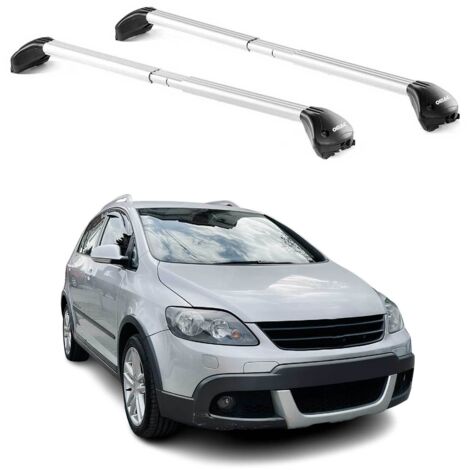 OMAC Barres de toit transversales certifiées TÜV pour VW Golf mk5 mk6 Cross/Plus/Break 2004-2014 – Verrouillables (4 antivols) – Charge max 100 kg – Sangle inox + protection caoutchouc Argent