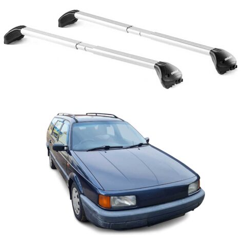 OMAC Barres de toit transversales certifiées TÜV pour VW Passat B2-B3-B4 Break 1980-1997 – Verrouillables (4 antivols) – Charge max 100 kg – Sangle inox + protection caoutchouc Argent