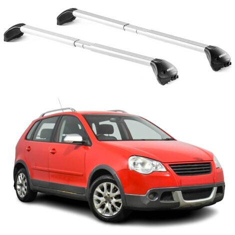 OMAC Barres de toit transversales certifiées TÜV pour VW Polo mk4 Cross / Fun 2001-2009 – Verrouillables (4 antivols) – Charge max 100 kg – Sangle inox + protection caoutchouc Argent