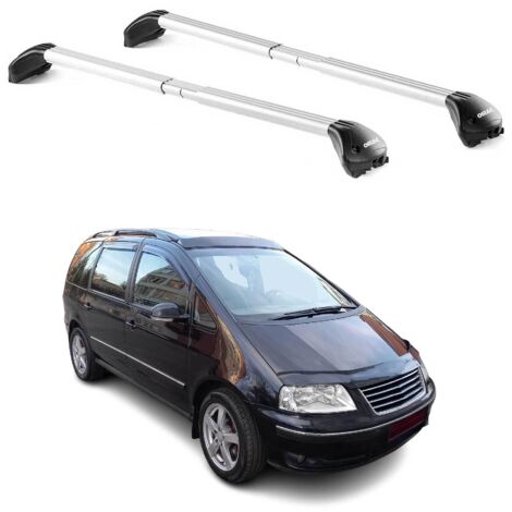 OMAC Barres de toit transversales certifiées TÜV pour VW Sharan I 1995-2010 – Verrouillables (4 antivols) – Charge max 100 kg – Sangle inox + protection caoutchouc Argent