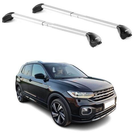 OMAC Barres de toit transversales certifiées TÜV pour VW T-Cross 2019-2026 – Verrouillables (4 antivols) – Charge max 100 kg – Sangle inox + protection caoutchouc Argent