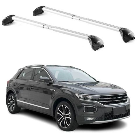 OMAC Barres de toit transversales certifiées TÜV pour VW T-Roc 2017-2025 – Verrouillables (4 antivols) – Charge max 100 kg – Sangle inox + protection caoutchouc Argent