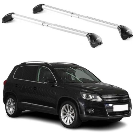 OMAC Barres de toit transversales certifiées TÜV pour VW Tiguan 2007-2023 – Verrouillables (4 antivols) – Charge max 100 kg – Sangle inox + protection caoutchouc Argent