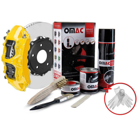 OMAC Kit Peinture Étriers de Frein Jaune – Résistant Chaleur 300°C – Set Complet Laque Epoxy – Protection Anticorrosion – Inclus: Nettoyant, Durcisseur, Brosses – Application Facile