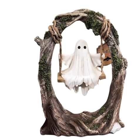 Ombre oscillanti, fantasma su un'altalena sull'albero, statua da giardino di un fantasma oscillante, decorazione di Halloween, simpatica statuetta di uno spettro, divertente statuetta in resina da app