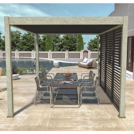 Ombrea – Pergola bioclimatique 3x4m autoportée – Lames orientables jusqu'à 100° – Aluminium Woodlook/Anthracite – Panneau brise vue 1m anthracite