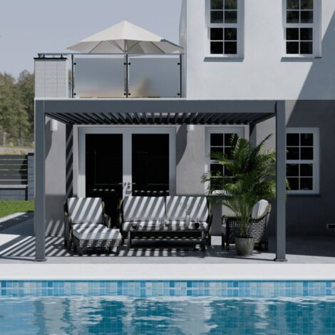 Ombrea – Pergola bioclimatique autoportante 4x4M – Aluminium gris anthracite – Lames orientables 135° – Résistance vent 100 km/h