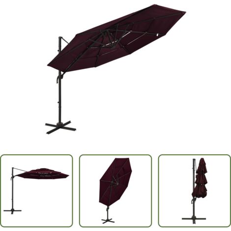 Ombrellone a 4 livelli -  Ombrellone a Sbalzo 4 Livelli Palo in Alluminio 3x3 m Bordeaux