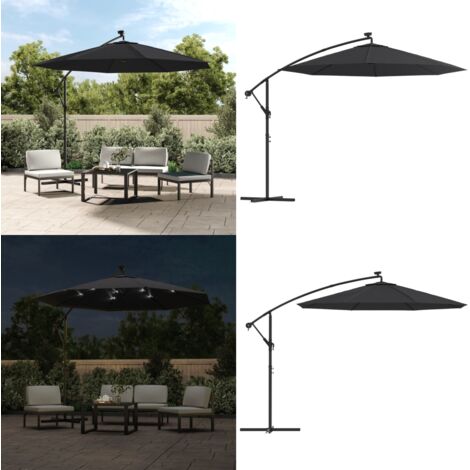 Ombrellone a Sbalzo con LED e Palo in Acciaio 300 cm Nero - Ombrellone con led - Ombrellone in acciaio