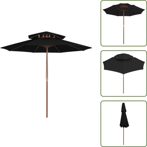 Ombrellone con palo in legno - vidaXL Ombrellone a Due Livelli con Palo in Legno 270 cm Nero - Ombrellone con sistema a carrucola