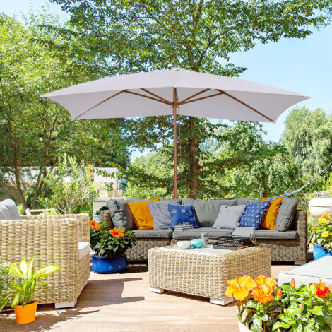 Ombrellone da Giardino 2x3 m con Corda e Prese d'Aria, Ombrellone da Esterno con 6 Stecche in Legno, Bambù e Poliestere 180g/㎡, per Cortile, Terrazza e Balcone, Bianco