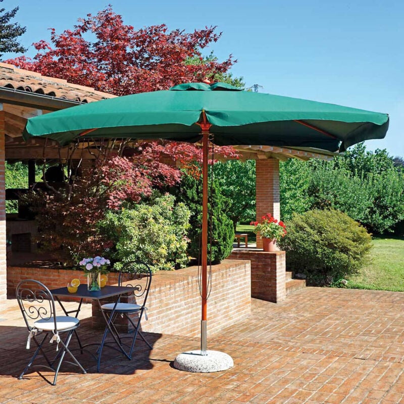Ombrellone Da Giardino 3 X 3 Palo Centrale In Legno Per Esterno Telo Verde Scuro Ristorante Gelateria Bar Hotel Albergo