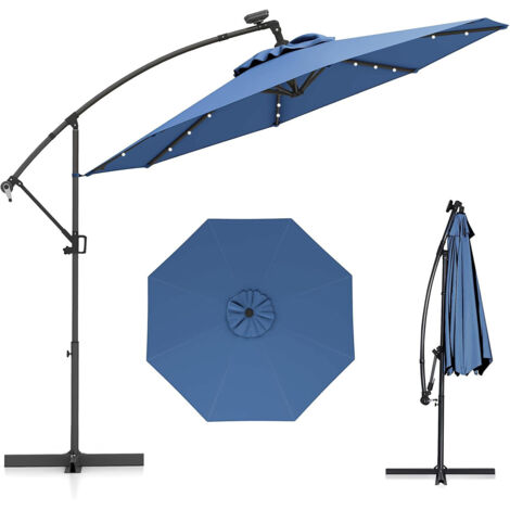 Ombrellone da giardino 300 cm con 32 luci led per piscina e altri spazi esteriori, Ombrellone girevole con inclinazione regolabile esteriori Blu