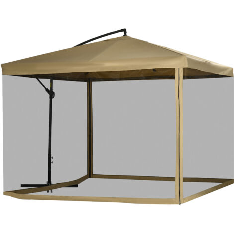 Ombrellone da giardino a braccio laterale, beige, 3 m x 3 m, con apertura a manovella e zanzariera.