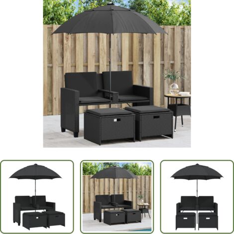 Ombrellone da giardino -  Divano Giardino 2 Posti Ombrellone e Sgabelli Nero Polyrattan
