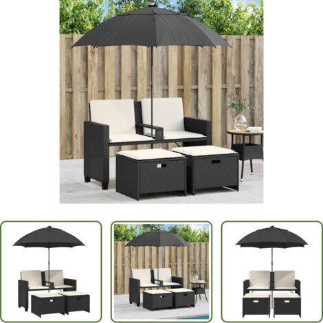 Ombrellone da giardino -  Divano Giardino 2 Posti Ombrellone e Sgabelli Nero Polyrattan