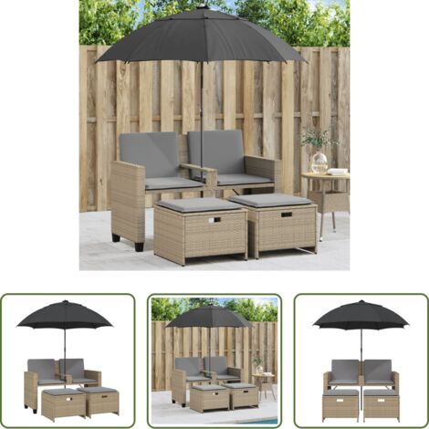 Ombrellone da giardino -  Divano Giardino 2Posti Ombrellone e Sgabelli Beige Polyrattan