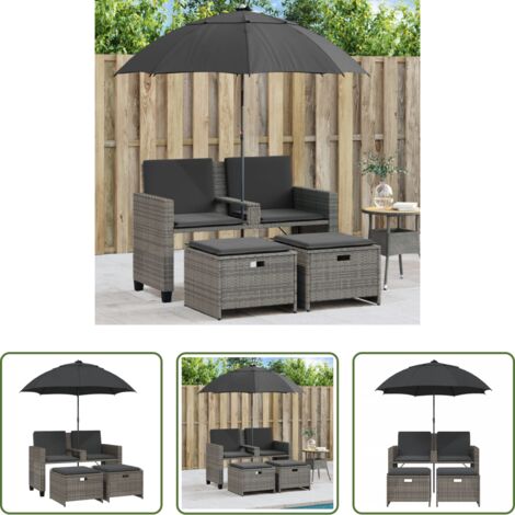 Ombrellone da giardino -  Divano Giardino 2Posti Ombrellone e Sgabelli Grigio Polyrattan