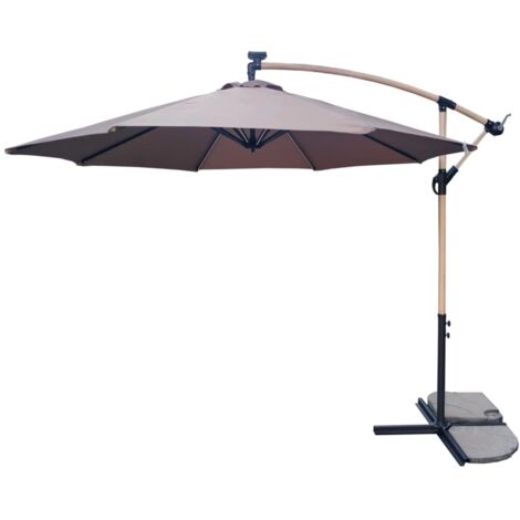 ombrellone da giardino rotondo con braccio laterale eurogarden con illuminazione led effetto legno taupe 3x3 m