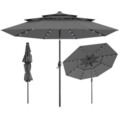 Ombrellone da patio solare 313 cm con tetto ventilato a 3 piani, Tenda parasole per tavolo da giardino Grigio