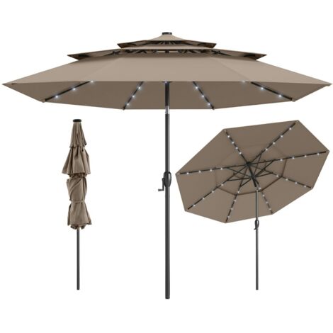 Ombrellone da patio solare 313 cm con tetto ventilato a 3 piani, Tenda parasole per tavolo da giardino Taupe