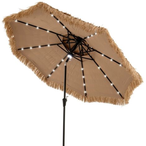 Ombrellone da spiaggia in stile hawaiano con luce centrale per giardino, Ombrellone di paglia hula solare Naturale+Nero