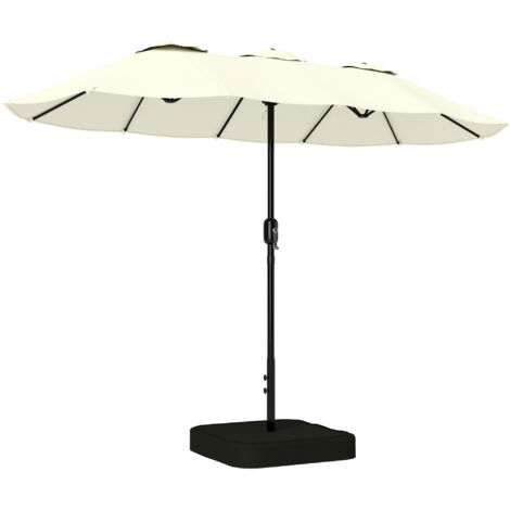 Ombrellone doppio con 12 stecche, manovella, base a croce e borse, in metallo e poliestere, 3x1,5 m, beige.