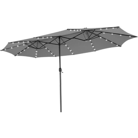 Ombrellone gemello da 470cm con 48 luci LED, Ombrello da esterno a doppio lato con pannello solare auto-caricante Grigio