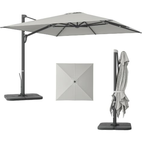 Ombrellone in alluminio 3 x 3 m, orientabile a 360°, con manovella, supporto e protezione dal vento, colore grigio chiaro.