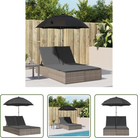 Ombrellone -  Lettino Prendisole Doppio Cuscini e Parasole Grigio Polyrattan