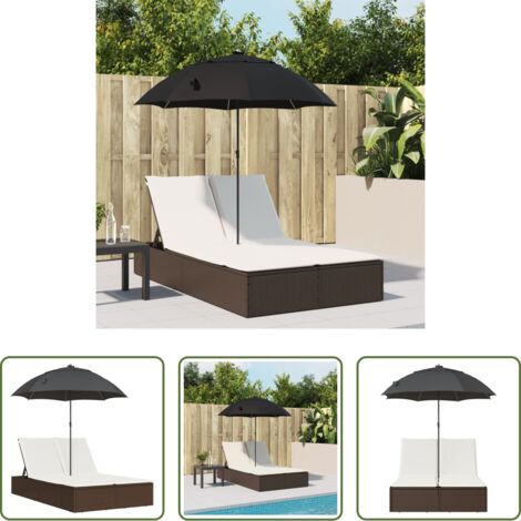 Ombrellone -  Lettino Prendisole Doppio Cuscini e Parasole Marrone Polyrattan