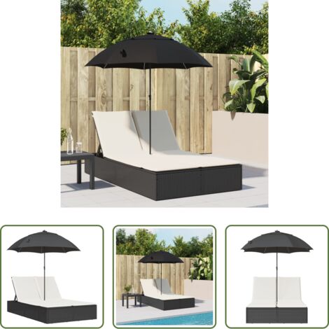 Ombrellone -  Lettino Prendisole Doppio Cuscini e Parasole Nero in Polyrattan
