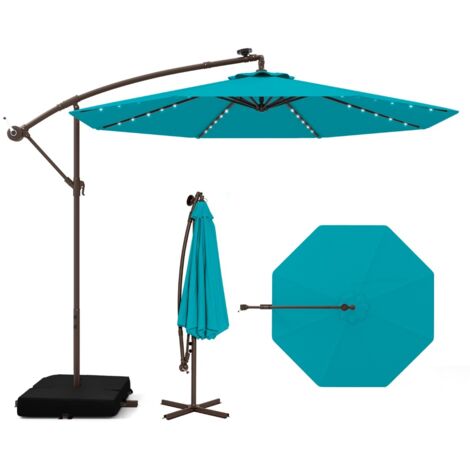 Ombrellone pendente da 3m con 32 luci LED pannello solare batterie sacco di sabbia, Ombrellone da esterno Azzurro