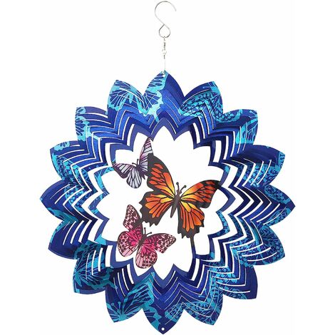 OMCCCHK Butterfly Wind Spinners Outdoor Metal Large, décoration de jardin suspendu à l'artisanat bleu cinétique, ornement de patio 3D brillant et fascinant, en acier inoxydable de 12 pouces, grands ca