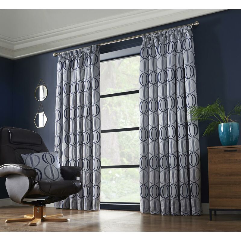 Omega Taped Pencil Pleat Curtain Pair Fully Lined Curtains Navy 90x108' Jacquard