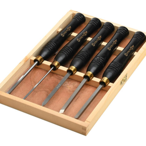OMNIVOR - Coffret De 5 Outils De Tournage Sur Bois HSS - Gouges, Bédane, Racloir Et Grain D'Orge - Acier Durable, Manche Ergonomique, Coffret Bois FSC