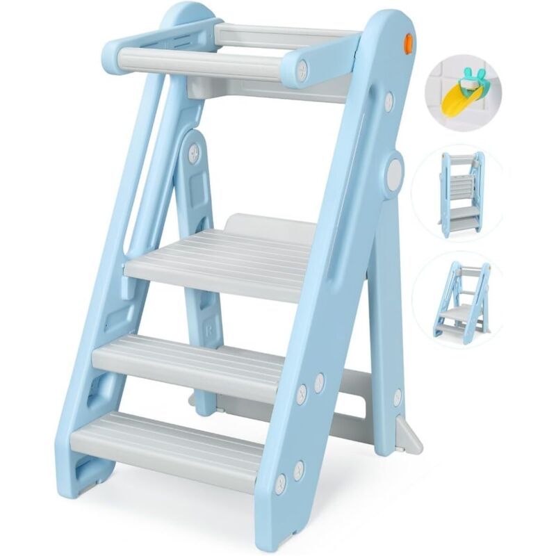 Chaise Haute Bébé HDPE,Tour d'Apprentissage 18 mois-6 ans Hauteur Réglable,Repose-pieds Antidérapants,Pliable,Sécurité - Bleu