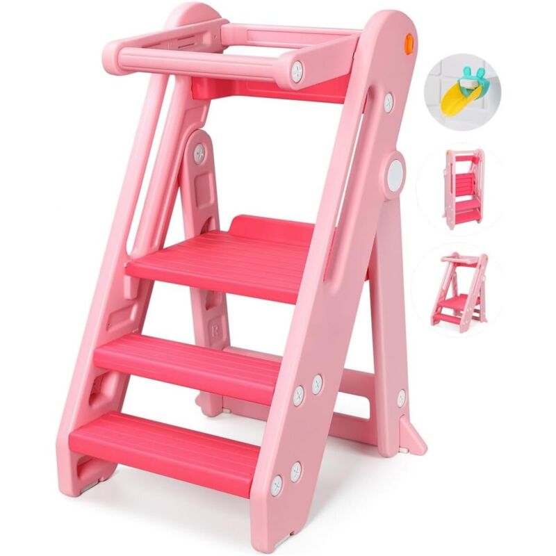 Chaise Haute Bébé HDPE,Tour d'Apprentissage 18 mois-6 ans Hauteur Réglable,Repose-pieds Antidérapants,Pliable,Sécurité - Rose