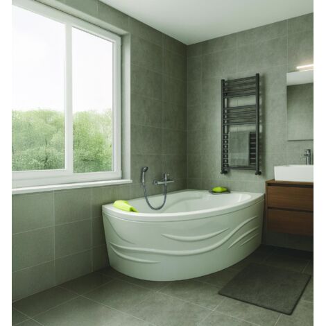 Ondee – Baignoire d'angle 160x90cm – Tablier à emboîter motif vague – Acrylique blanc 3mm renforcé – Accoudoirs et appui tête intégrés