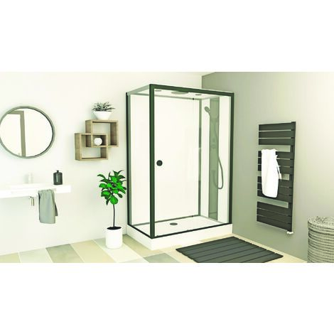 Ondee – Cabine de douche GONEA 140 x 80 cm – Accès face – Portes coulissantes en verre trempé 6 mm – Profilés aluminium noir mat – Douche de tête 250 mm