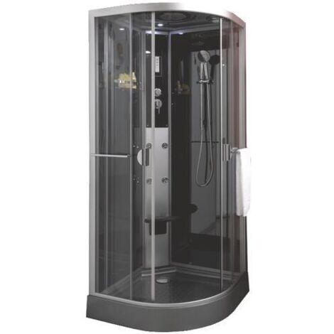 Ondee – Cabine de douche hydro sans silicone 1/4 cercle 90x90cm – Verre trempé 5mm – Receveur antidérapant gris – Douchette avec 4 jets massants