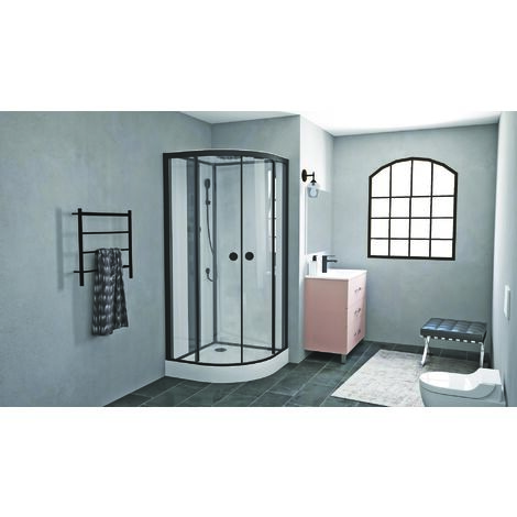 Ondee – Cabine de douche hydromassante quart de cercle 90cm – Verre trempé 6mm – Panneau noir mat avec jets hydromassants – Accès d'angle