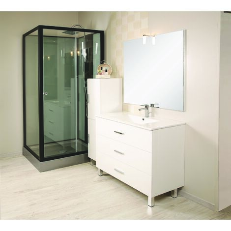Ondee – Colonne de rangement à poser Montecarlo – 2 portes réversibles – 2 étagères en verre – H132 x L30 x P35 cm – Fini blanc laqué brillant