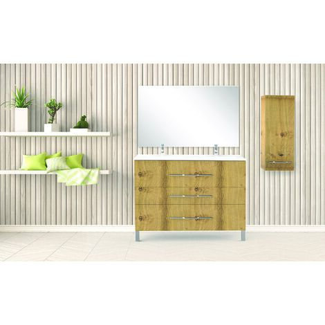 Ondee – Demi-colonne de rangement à suspendre L35cm – Chêne rustique – Panneaux de particules 16mm – 1 porte à fermeture progressive – 2 étagères en verre