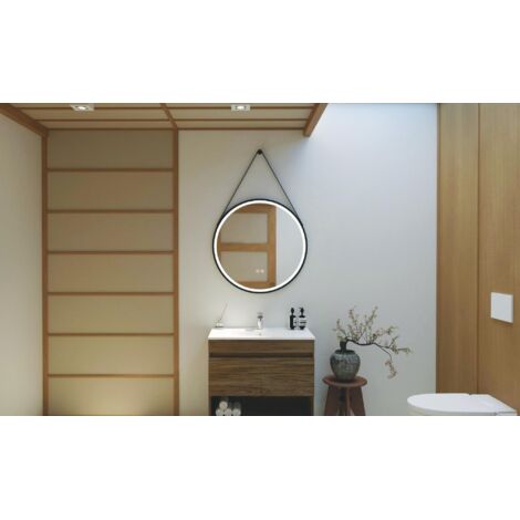 ONDEE - Espejo iluminado KYARA con correa - Marco de aluminio negro - Ø80 cm