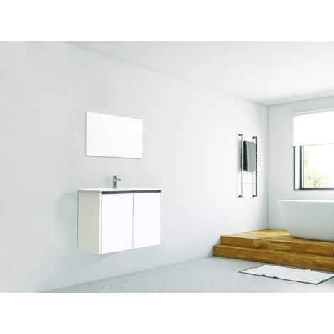 Ondee – Meuble à suspendre IVAN S+ 80cm – 2 portes à fermeture progressive – Plan céramique vasque simple 20mm – Blanc mélaminé