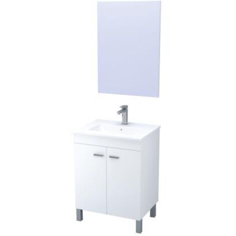 Ondee – Meuble de salle de bain à poser 60cm – Blanc brillant – Mélaminé résistant aux chocs – 2 portes battantes – Montage mural inclus