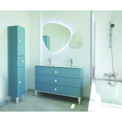 Ondee – Meuble double vasque à poser NEMOO – Plan céramique double vasque – 3 tiroirs à fermeture progressive – H86,5 x L121,5 x P46,5 cm – Vert d'eau laqué